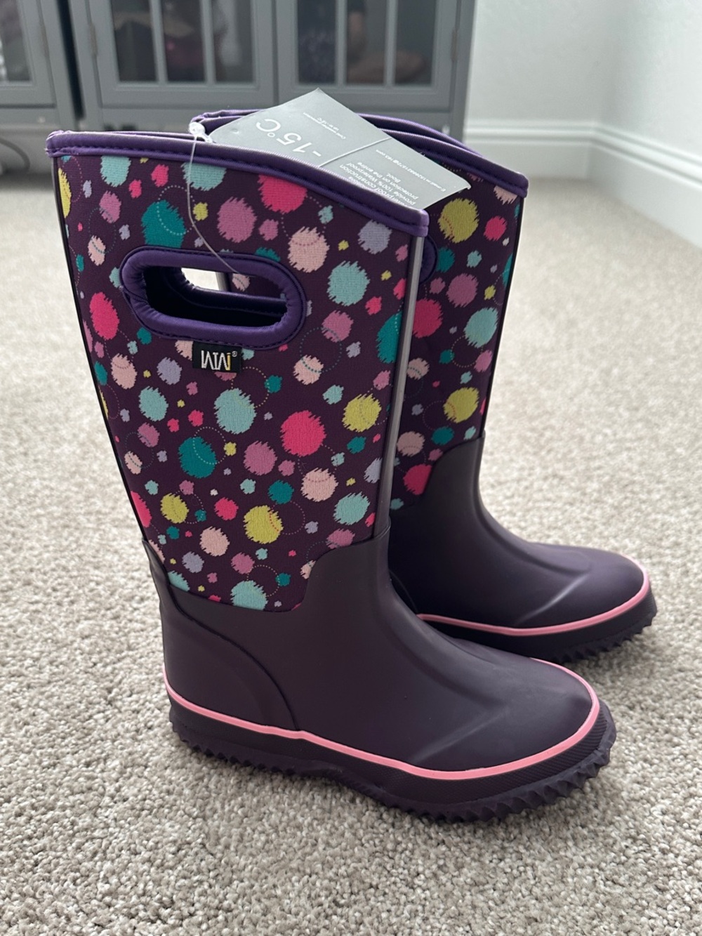 Kids Purple Multi Dot Rain Boots with Hand Holes